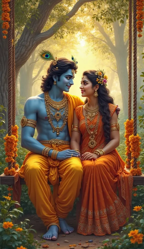 highly detailed, realistic digital painting of Radha and Krishna sitting together on a beautifully decorated swing in a lush, enchanted forest. Lord Krishna, with a divine blue complexion, wears a golden-yellow dhoti, an orange dupatta draped around his sh...