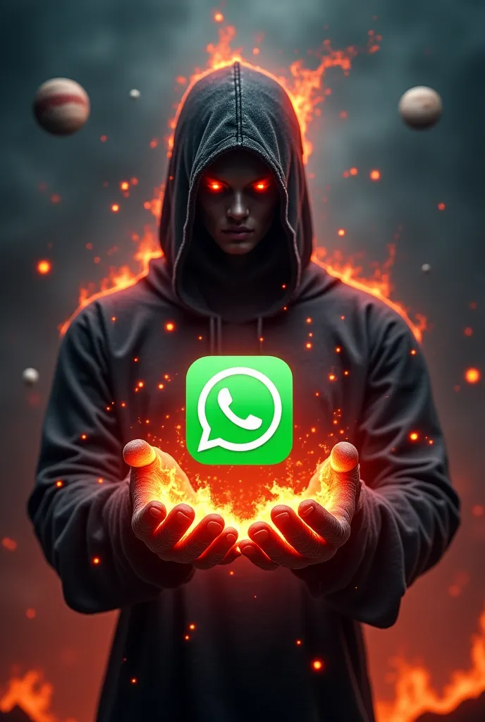 You can create a powerful dark being that in its hands floats the icon of the official WhatsApp application with fire in the background in dark space with planets and that in large letters says legion infernal 