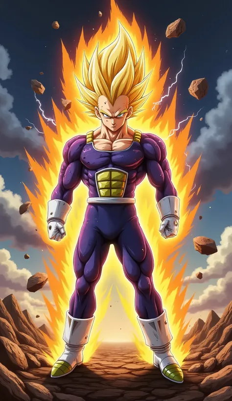 "Majin Vegeta stands firm on a battlefield full of rubble under the sky darkened. His muscular body is covered in a torn combat bodysuit, reveal toned chest and abs. Furious sharp eyes. Erect blonde hair, surrounded by a jet of deep yellow air with intense...