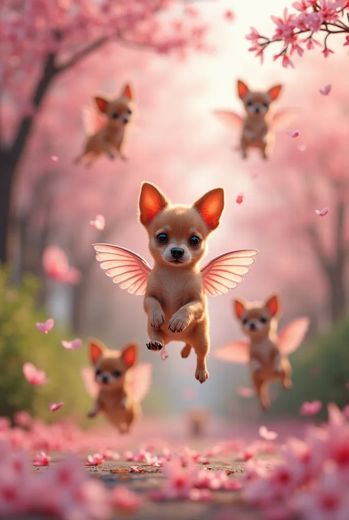 Little chihuahuas with bird wings that fly around cherry blossoms🐶