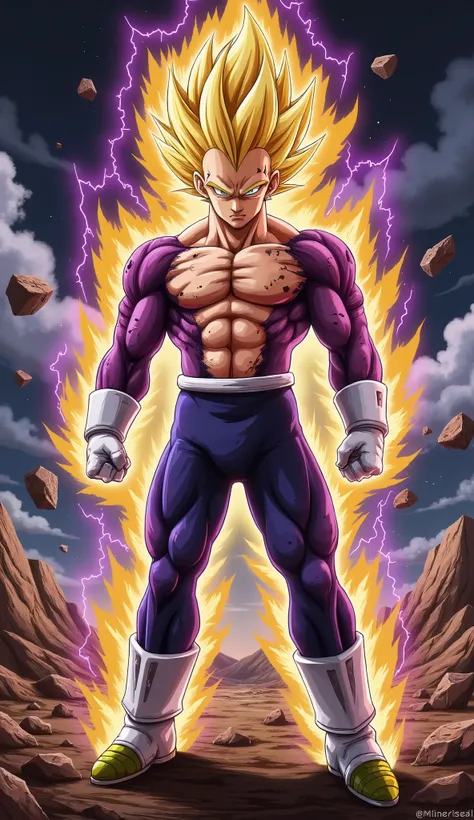 "Majin Vegeta stands firm on a battlefield full of rubble under the sky darkened. His muscular body is covered in a torn combat bodysuit, reveal toned chest and abs. Furious sharp eyes. Erect blonde hair, surrounded by a jet of deep yellow air with intense...