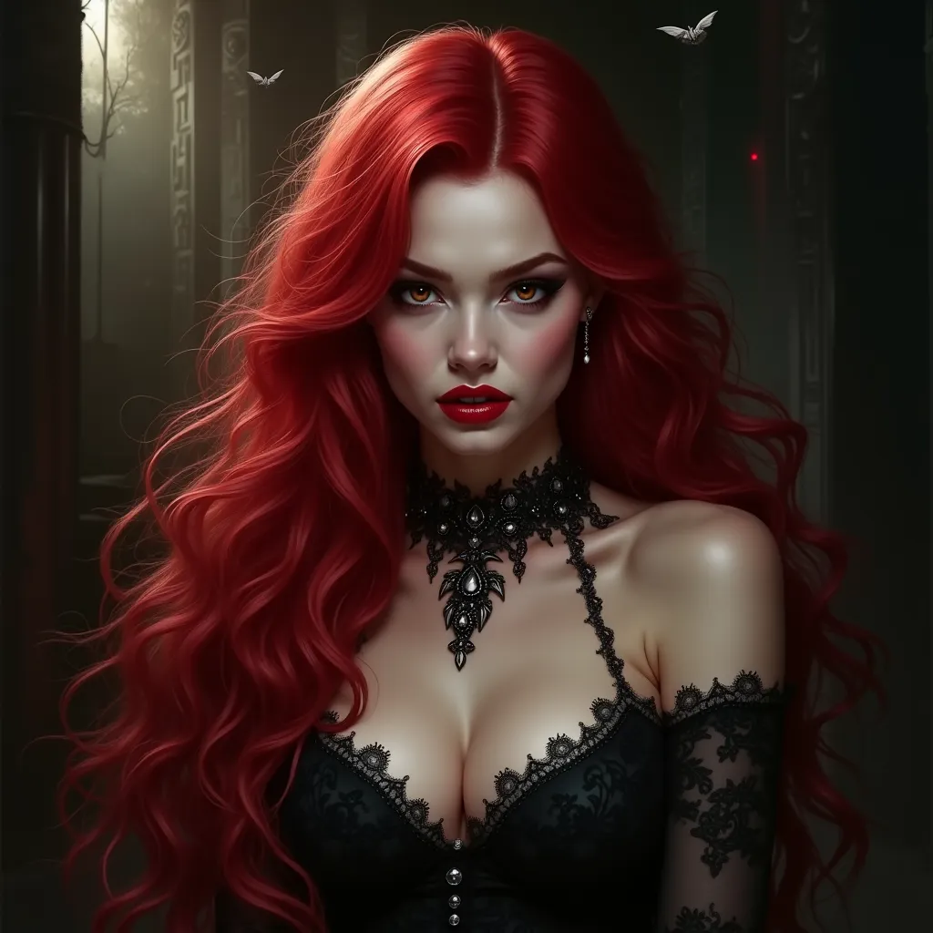 Femme vampire avec les cheveux rouge au canines pointues qui bois du sang
