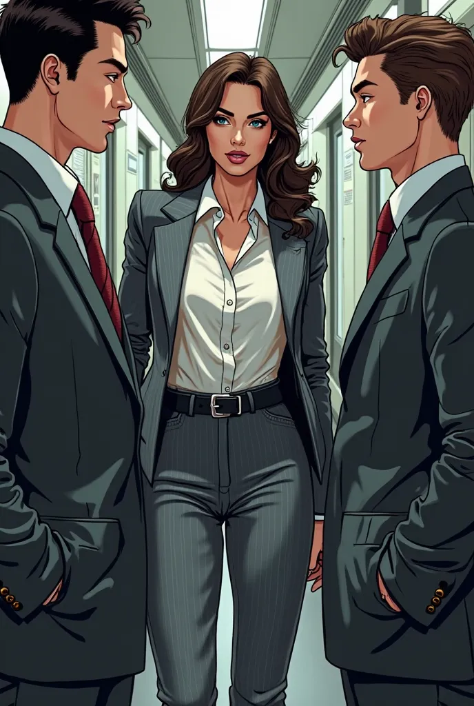 Realistic art comic style image of : a female detective dressed in an elegant gray striped suit , open jacket, unbuttoned suit, skintight office formal skintight button shirt tucked in skintight pants and black buckle belt she is talking about a young man ...