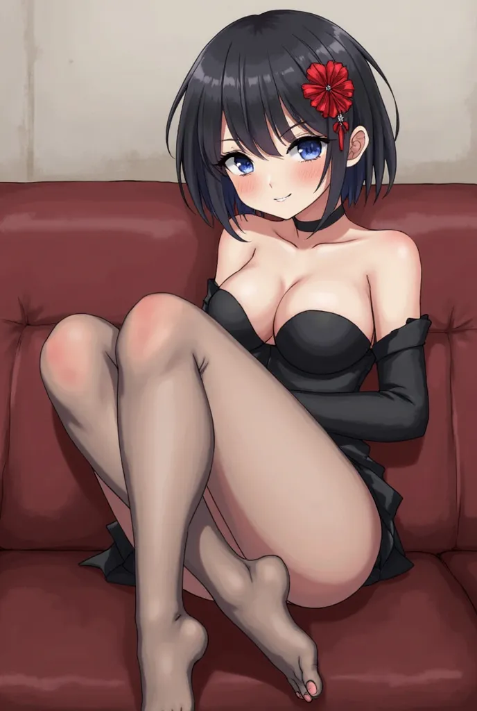 (score_9, score_8_up :1.1), score_7_up , 1girl , vampire, black hair, short hair, blue eyes, goth makeup ,Black short hair,red flower hairpin, blue eyes,blush, smug,sitting on a soft couch, crossed legs, nude,see through, transparent, thin body stocking, o...