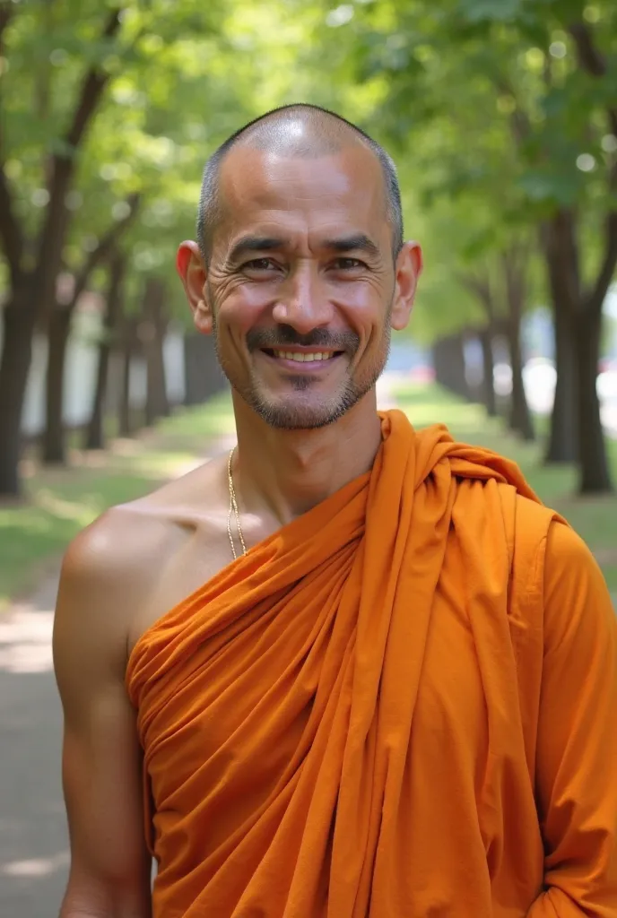 A Theravada Buddhist monk, about 35 years old, wearing a traditional orange robe draped over one shoulder, stood outdoors in a peaceful natural setting with rows of green trees and sunlight filtering through the leaves. He had a calm and gentle smile, and ...