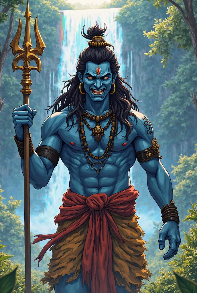 Anime lord shiv angry face with wear tiger cloth and in one hand trident and standing in farm with background rainbow waterfall 