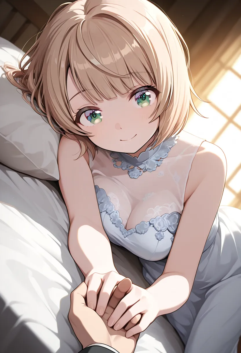 shigure ui \(vtuber\), wearing a beautiful gown, laying sideway on bed, eyes_half_closed, holding hands, looking at viewer, genuine smile, happy, 1boy, pov_eye_contact, perfect hands, detailed hands, handfix, cinematic lighting, absurdres, best quality, du...