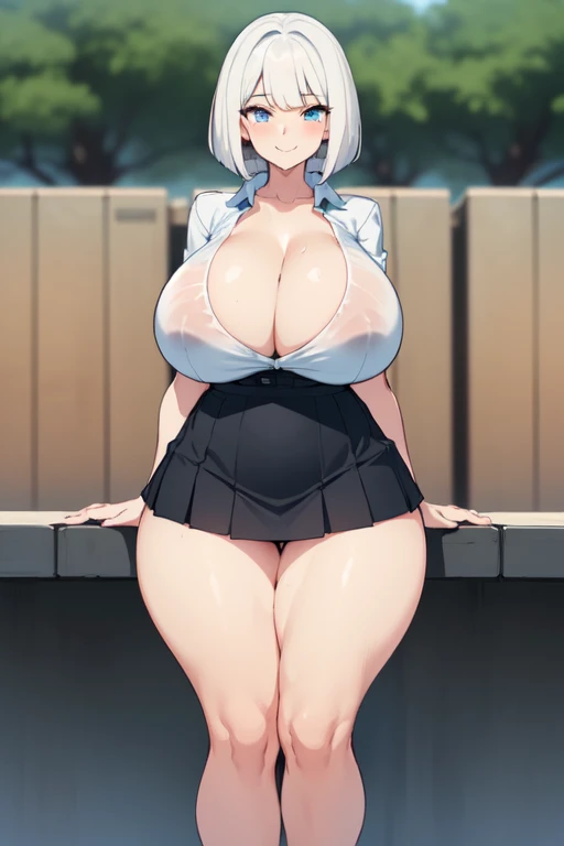 ((huge breasts:1.4))
((Very thick thighs:1.4))
((big waist:1.4))
((Very fleshy young woman:1.4))
(Tall)
(cleavage)
(Short White hair)
(bob hairstyle)
Blue eyes
Standing
(((Shoot from front)))
(((photograph the whole body)))
(Japanese school uniform)
(white...