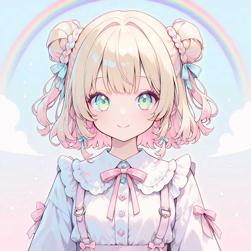 ultra-detailed,(best quality),((masterpiece)),(highres),original,extremely, soft, faint lines and a light color palette to create a dreamlike and fragile appearance,  1girl, blonde hair, ribbon braid, hair styled in two side-up buns, green eyes, yume kawai...