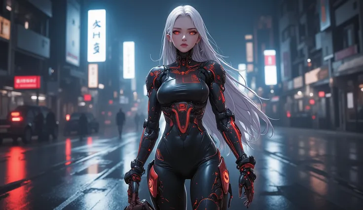 AI woman with matte black and white cyberbody, with red glowing details, very tall, with thick thighs, wide hips, long legs, and a slender waist. Dark red glowing eyes, Long flowing white hair. sad expression on face, No mechanical parts on the face, Clean...