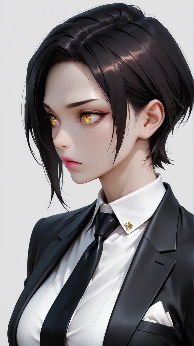 insanely detailed,
She is beautiful,
sharp focus(1.3), sharp focus on eyes and facial details(1.3), 
cool eyes, beautiful eyes, detailed eyes, detailed irises, gentle shading,
Gold eyes, clear eyes,  clar skin, Pink Lips
Short choppy pixie cut, black hair,...