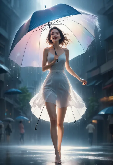 score_9, score_8_up, score_7_up, score_6_up, score_5_up, score_4_up, 2.5D, extremely detailed, delicate, flashy and dynamic depiction, beautiful woman holding umbrella and having fun, like a scene from a movie, Iridescent rain pouring down, water splashing...