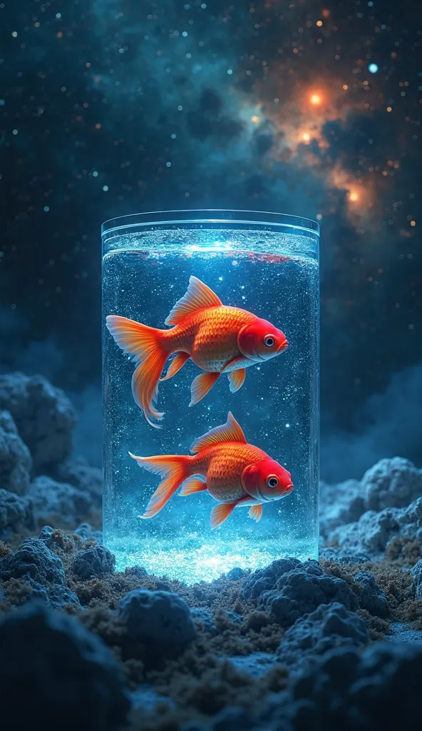 "Create a 4K high-resolution image of a distant oceanic planet, surrounded by swirling cosmic nebulae and distant galaxies, floating in the vastness of space. In the foreground, place a cylindrical glowing aquarium with two red goldfish swimming inside. Th...