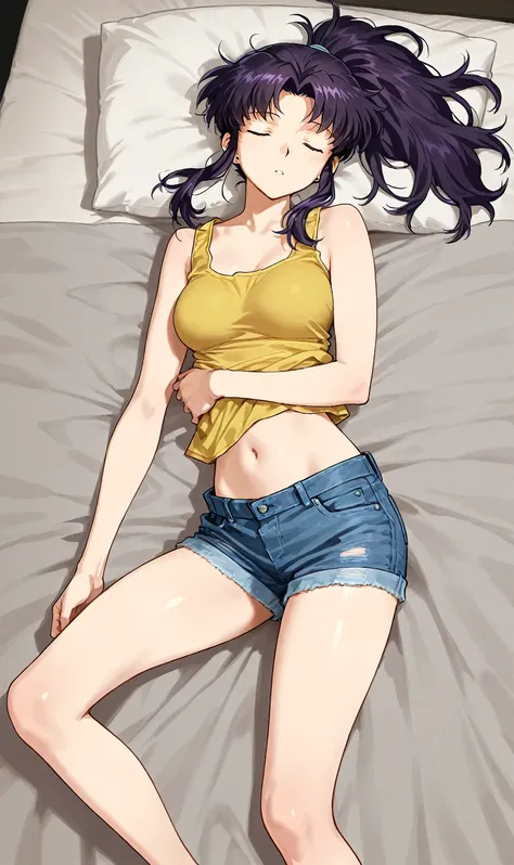 1 person　Katsuragi Misato　masterpiece　high quality　Denim shorts　 yellow tank top　ponytail　Terrible sleeping position 　Clothes I'm about to take off