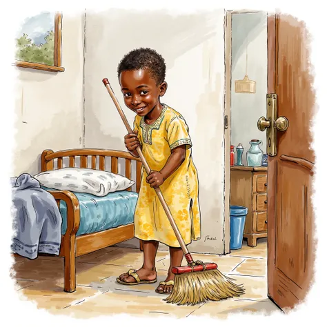 A Nigerian boy sweeping his room
Water color illustration, No background