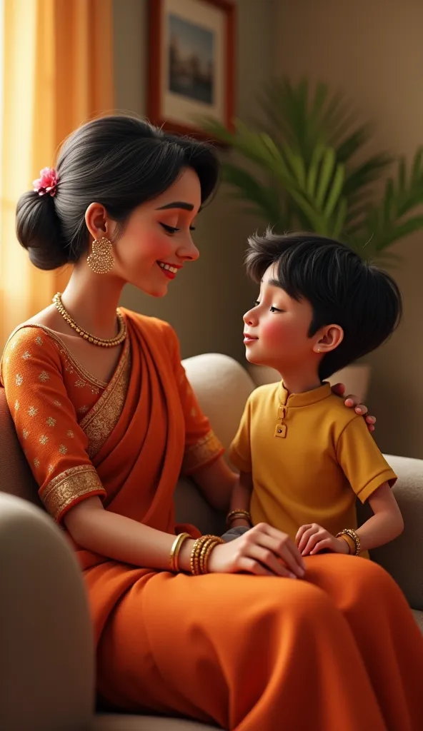 Close up a woman sitting on the sofa beside his son sitting talking 3D animation,wear attractive clothes neck round blouse and saree, good figure,