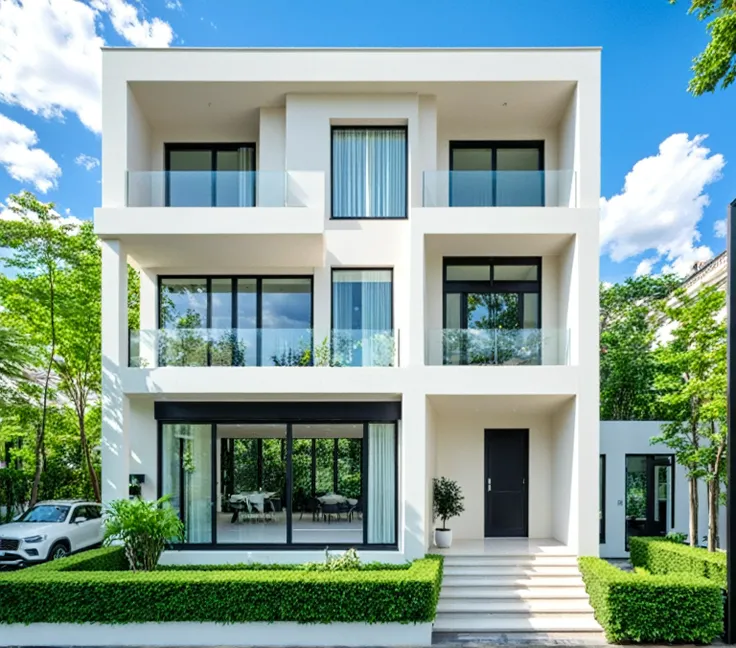 Elegant modern townhouse, 3 floors (top floor with charming front and back terraces), 5m wide facade, pristine white color scheme with sophisticated light beige or soft chocplate color accents on sleek columns and refined edges, large rectangular windows w...