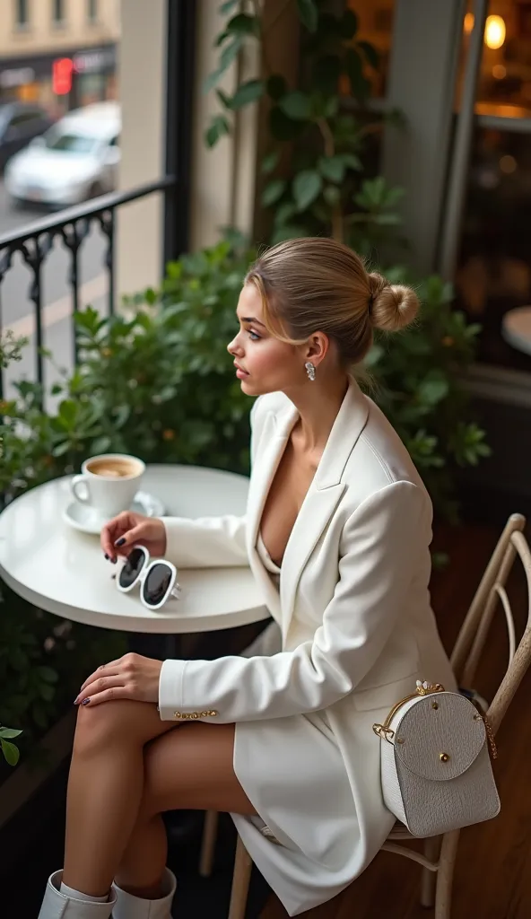 ((((High wide angle shot from above)))) of table with small cup of coffee, Beautiful Latina girl, (((blonde hair, (((sleek low bun))), ))), 21 years old, light tanned skin, (((looking at side, no visible face))), dressed in (((closed white suit jacket, lon...