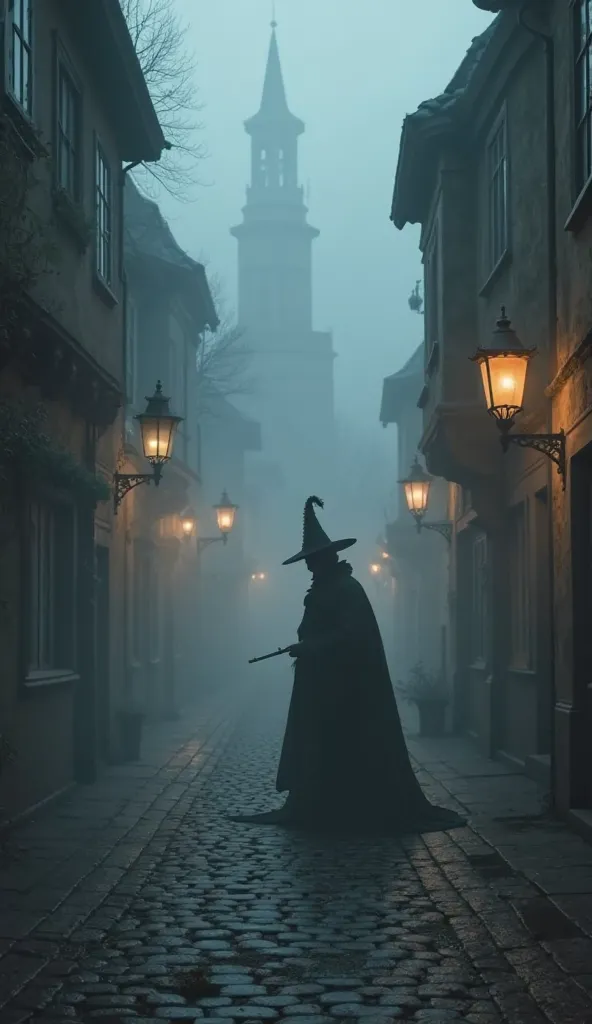 A medieval street in Hamelin at dusk, with a thick fog and a gloomy atmosphere.  In the background, You can see the silhouette of a mysterious man with a feather hat and a flute in his hand