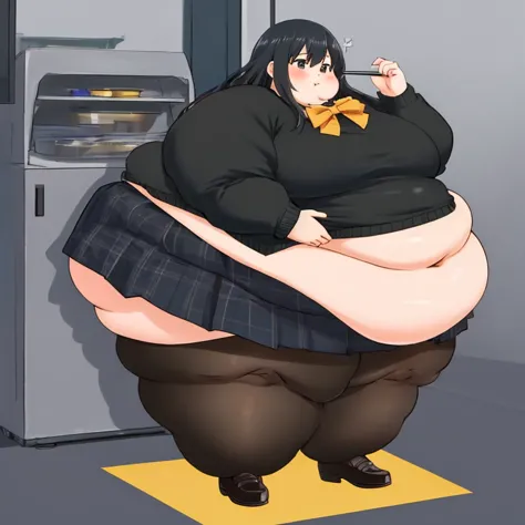 masterpiece, best quality,advanced details, long black hair, normal fat girl, 
light blue bowtie,  black sweater, black skirt, Standing on the floor, medium breasts, full body ,obesity, VERY BIG BODY,cute, Very fat belly, BIG BELLY ON THE FLOOR, large side...