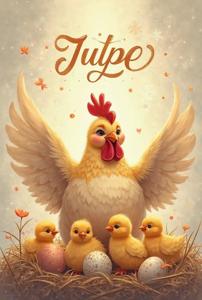 A happy hen spreading her wings with baby chicks and eggs beneath her and and above her a writing that writes  happy hen