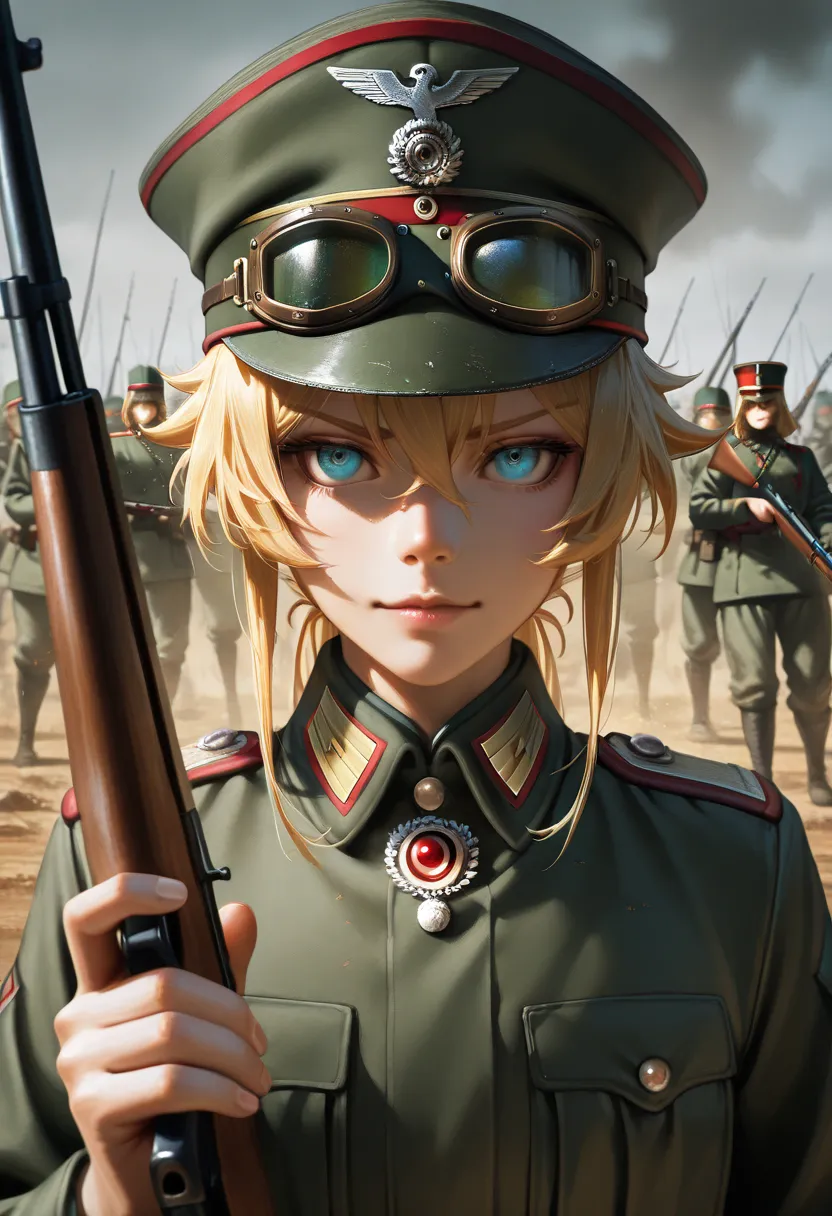 masterpiece, best quality, vibrant, very aesthetic, high contrast, photorealistic portrait,beautiful detailed face,detailed texture,detailed skin, newest, 1girl,youjo senki,source_youjo senki,Tanya Degurechaf,army uniform,army cap,goggles on the cap,holdin...