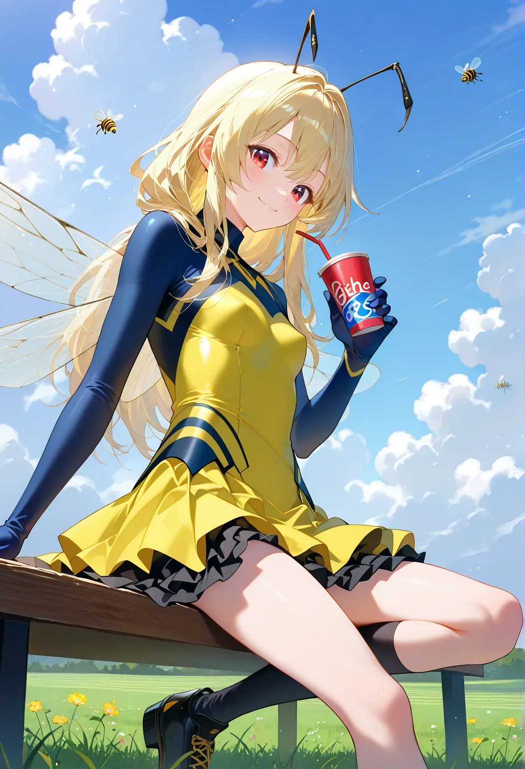 ■構図■She is positioned in the center of the image,
 ■背景■The background features a light-blue sky dotted with fluffy white clouds,grasslands and many flowers,
 ■People■(Beautiful Girl Who Cosplay as a Bee:1.3),(loli:0.3),sitting,drinking drink,sitting on Woo...