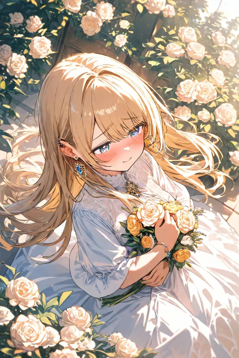 masterpiece,top quality,Super Detail,8k,Girl holding a bouquet of mimosas　blonde semi-long hair on the right ear　Floral decoration　earrings　white dress　angle from above　moving　shy face