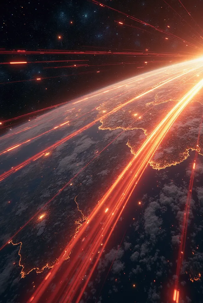 "A breathtaking view of Earth from space, with multiple high-speed energy streaks—fiery red, orange, and yellow—racing across the atmosphere. The energy trails leave behind a glowing effect, resembling supersonic movements or an intense space chase. The Ea...