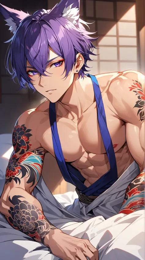 1 person, short hair, Fox Ear, Handsome Man,bright blue-purple eyes, Abdominal muscles, opens her clothes,Japanese style tattoo, brightly colored tattoos, full of tattoos on the arm,Lean on the bed