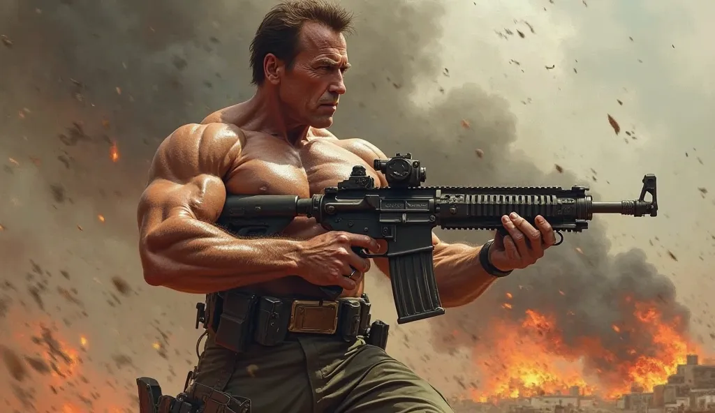 Arnold Schwarzenegger  holding machine gun ,ready for war,  behind fire and ash and give fullbody pic