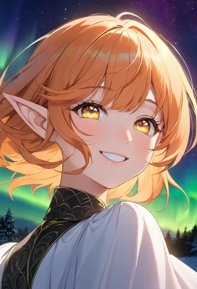   Adult Female,  short orange hair and neon yellow eyes 、 Elf Ears、 natural smile 、 face close-up 、 wearing a dress that feels like a traveler、aurora night background