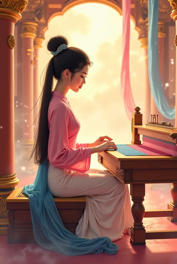 "A beautiful 18-year-old Vietnamese girl with a slender figure (about 160cm tall) sits gracefully at a traditional wooden loom in the celestial palace. She has a delicate oval face, fair skin, big round eyes with long curved eyelashes. Her long black hair ...