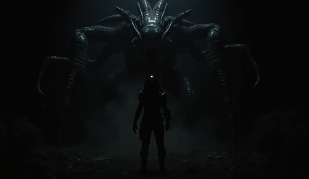 Prompt: A Predator stands victorious… but behind it, an enormous Xenomorph Queen emerges from the shadows. A single screech pierces the silence. Cut to black.

Camera: Over-the-shoulder shot from the Predator’s perspective, slow zoom-in on the Queen.

Ligh...