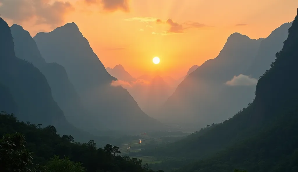 Mountain landscape at sunset: A majestic landscape with towering mountains, sunset sun shining from behind, causes the sky to turn brilliant orange. Gentle clouds pass through the sky while at the foot of the mountain is a green valley, covered with haze.
...