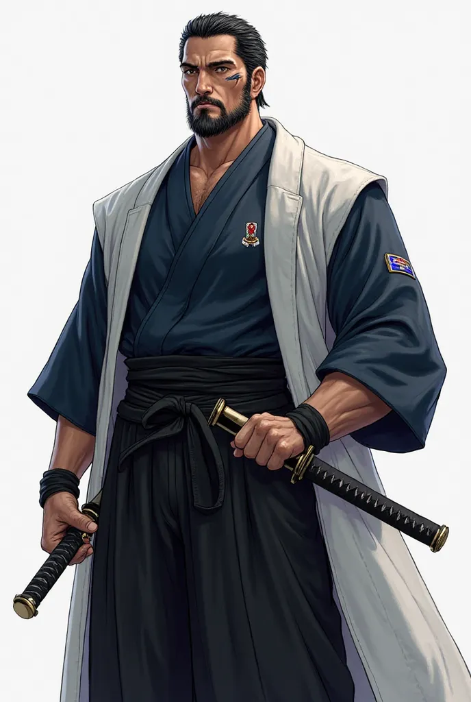 Daigo is a towering figure, standing at 7'2" (218 cm) with a broad, muscular build. He has sharp, piercing wolf-like eyes and a deep scar running from his left cheek down to his jaw. His short, graying black hair is slicked back, and he sports a neatly tri...