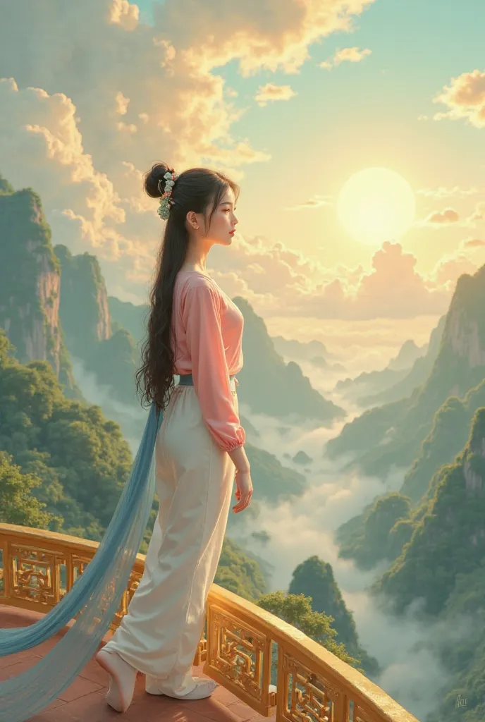 "A beautiful 18-year-old Vietnamese girl with a slender figure (about 160cm tall) stands on a golden balcony of the celestial palace, gazing down at the world below with a longing expression. She has a delicate oval face, fair skin, big round eyes with lon...