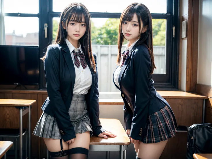 masterpiece, best quality, illustration, Super detailed, fine details, High resolution, 8K,wall paper, perfect dynamic composition,(Details High quality, realistic depiction of eyes:1.3), (2 girls, 2 schoolgirls:1.2), from side, High School Classroom、High ...