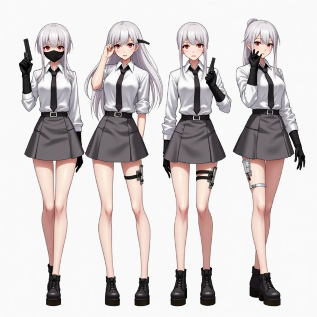 4girl, full body front, slim body, very long legs, bare legs, light skin, white long hair, red eyes, black gloves, white shirts, gray skirts, thigh holster,low ponytail,pistol,black tie,black mask, platform shoes, no stockings, battle stance