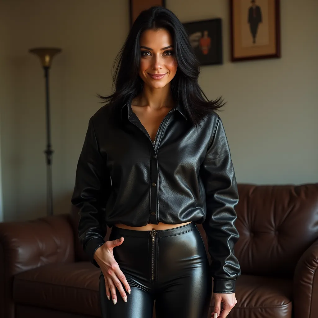 Realistic HDR noisy close up picture of a 32 year old woman, she is very slim, she smirks with subtle smile, pitch black longer side part, she is wearing a leather tucked in button up shirt and shiny tight leather pants, leather has rough and very much vis...