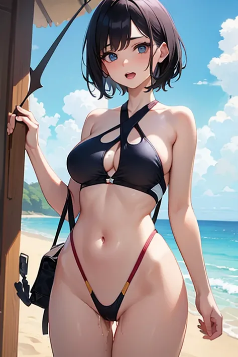 (masterpiece, best quality、super detailed skin:1.1)、 1 girl、blue eyes、cute、 black hair、(short hair)、(slingshot swimsuit:1.5), (nude:1.3),large breasts,(bare navel:1.2),(macro shot)、 sandy beach、Painting、(naughty1.1)、(open mouth:1.2) 、 (love juice:1.2)、(ste...