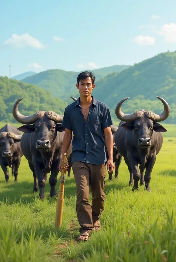 "A strong-built 20-year-old Vietnamese man (about 170cm tall) walks through a vast green field, guiding a herd of large buffaloes with shiny black fur, long curved horns, and big gentle eyes. He has a tanned face with sharp features, deep kind eyes, and sh...