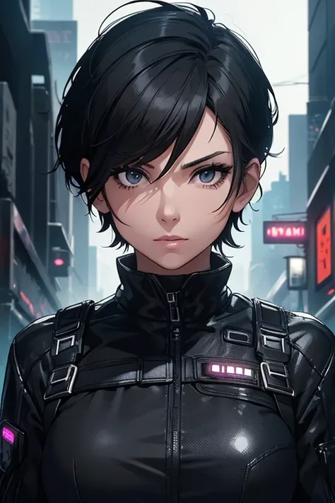 a beautiful adult woman, age group 30 years ,           black eyes with short Pixie-style hair,       open in front      ,  Black eyes matching black shirt , tactical style  ,   in a nighttime setting     , with neon gloves cyberpunk, ,looking at the viewe...