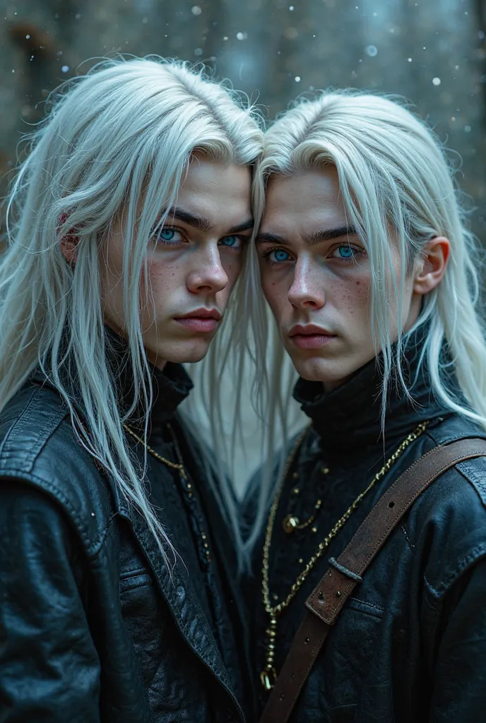 Realistically, two handsome men quite young, friends and musicians in a metalcore band with long ash-white hair and pale blue irises ; They have the beauty of the devil