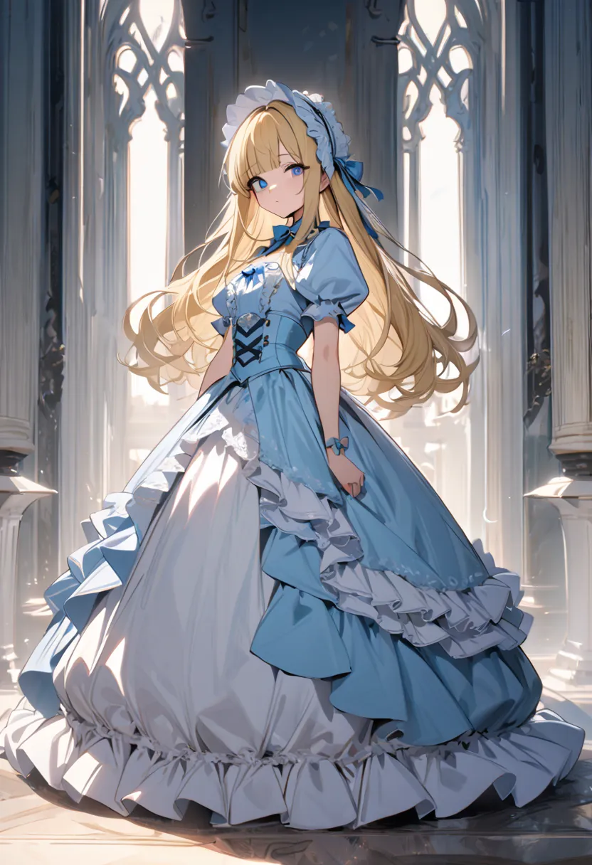 Curls,blonde hair,blue eyes,long eyelashes,victorian big puffy ballgown,short puffy sleeves,frilly,long hair,fringe bangs,side curls,fullbody,standing,masterpiece,puffy skirt,highres,big puffy light blue ballgown,bows on the skirt,short white puffy sleeves...