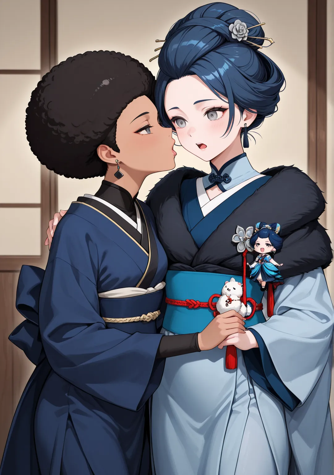  Two Charm 20 years old black african women kissing. open mouth.  Afro blue hair. Grey eyes. Wearing shining blue geisha dress.