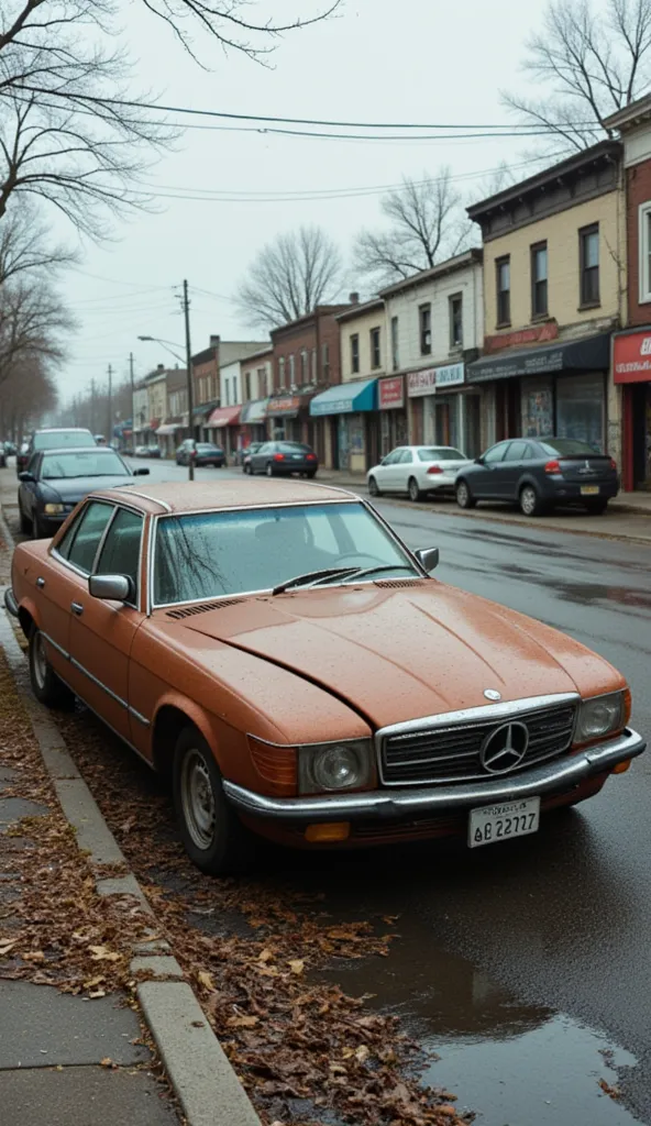  photography , realistic, Old car junkyard gets stuck on the curb.