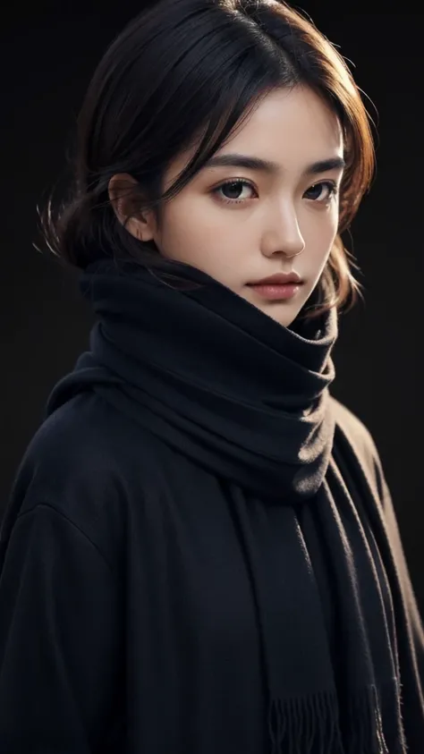 8k, best quality, masterpiece, realistic, ultra detail, photo realistic, quality improvement, 
scarf in dark and heavy designer style, in dark and heavy designer style, Large chunk, , gentle face,   jagged edges  , Navy, Natural beauty, close-up shot
