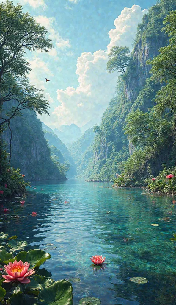 Create a bright , In the water, let the sun reflect. Picture a wide, with exotic flowers and bright birds, reflecting the blue sky . In the distance, you can see mysterious misty hills, picturesque image of the Amazon River, a picturesque image of the Amaz...