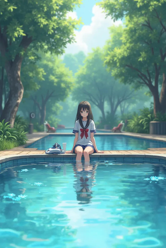 A high school girl is sitting in a swimming pool